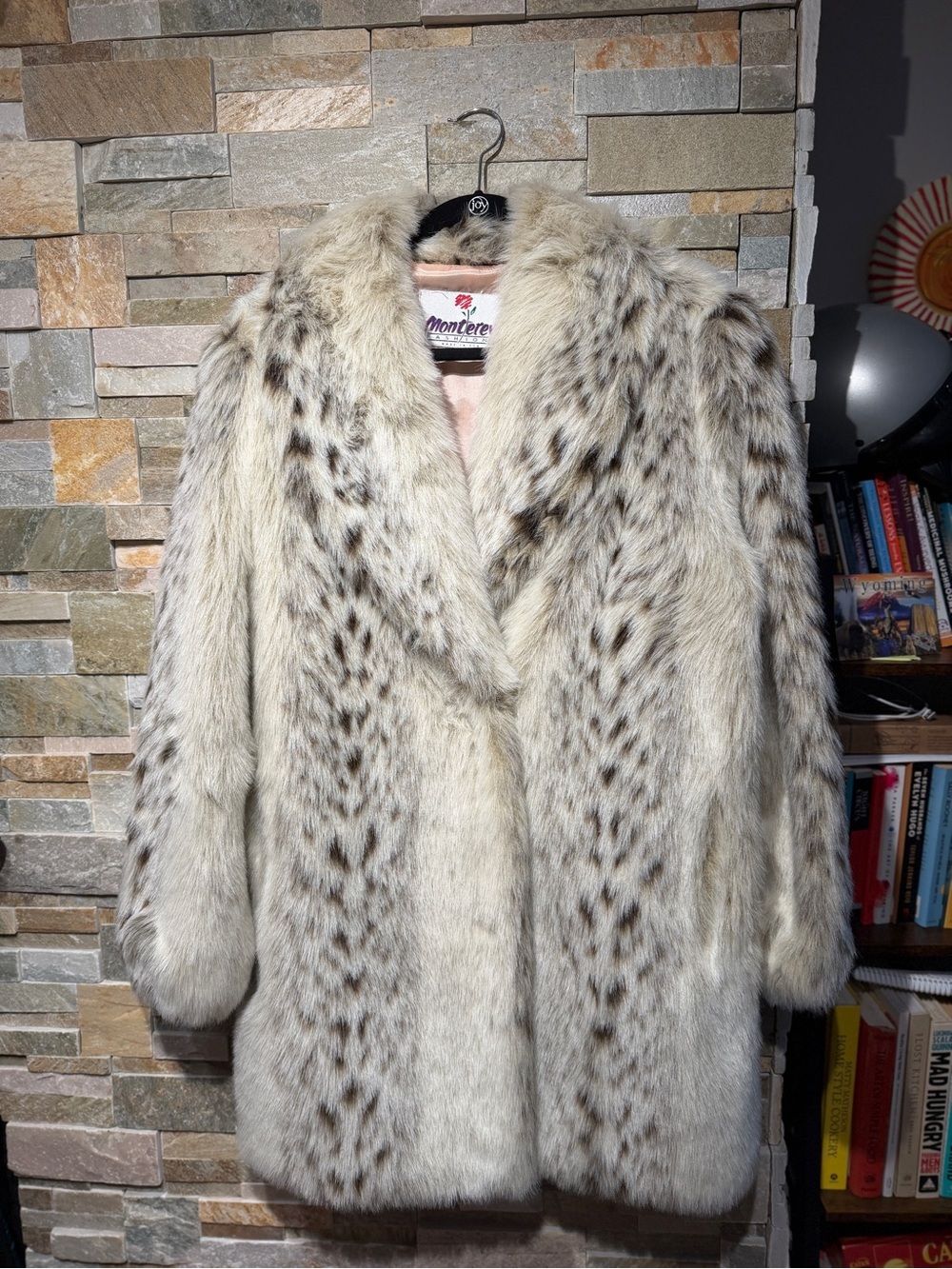 Faux Lynx-Print Fur Coat - Cream with Brown Spots